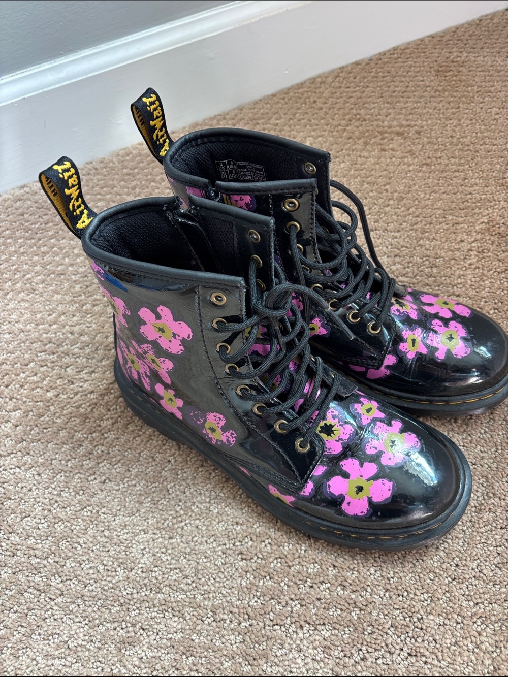 Doc Martens Black Floral Lace-Up Combat Boots with Pink Flowers